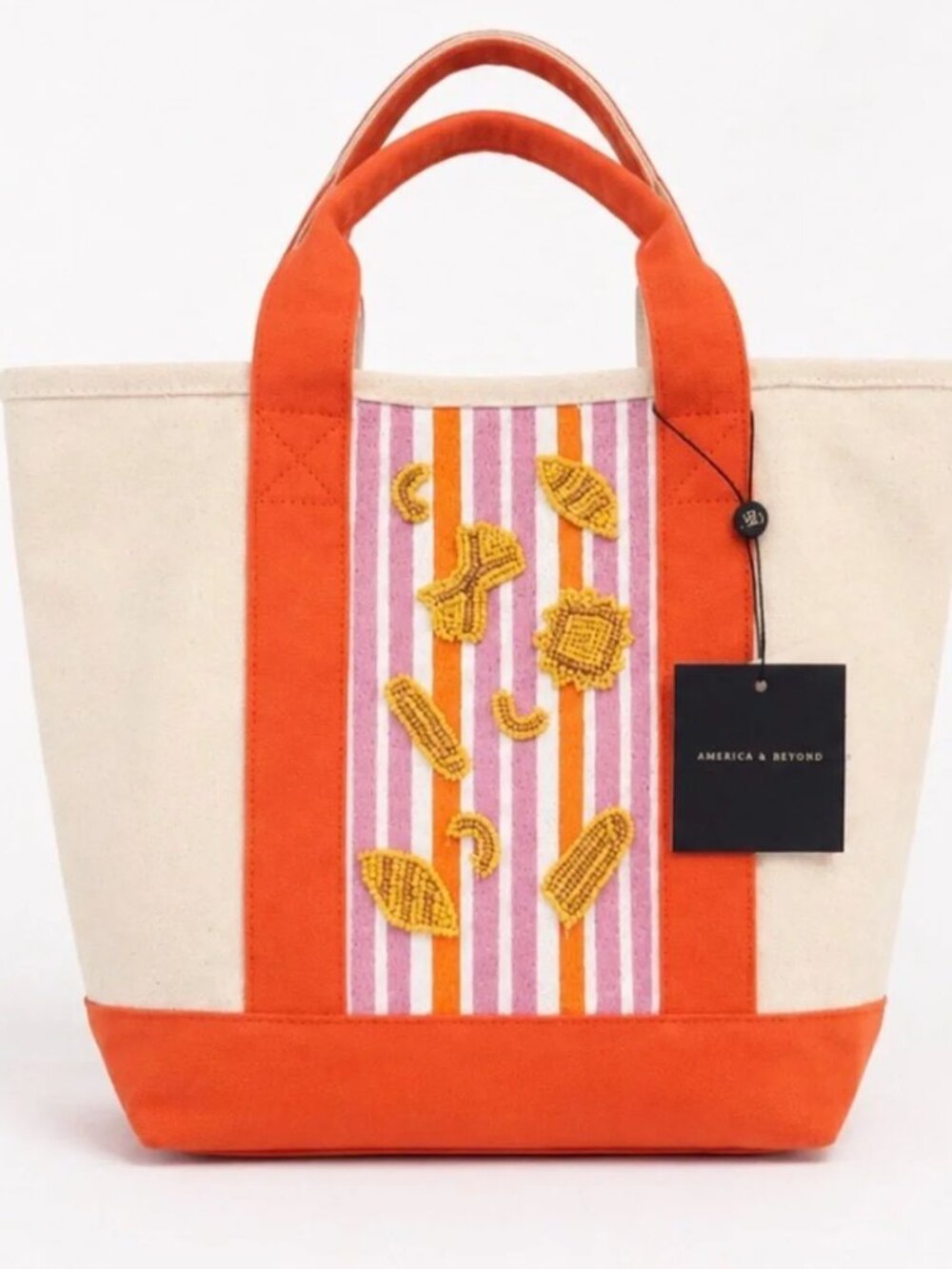 NEW! Orange-Accent Beaded Canvas Tote